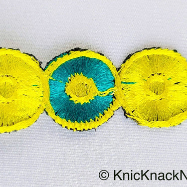 Yellow & Teal Embroidered Circles Cutwork Trim, Approx. 22mm Wide